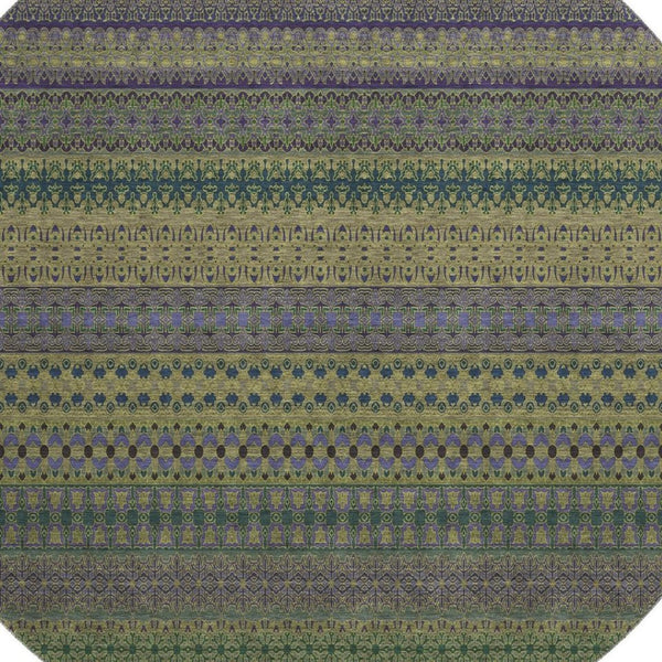 HomeRoots 8' Olive Green & Blue Striped Washable Round Rug - UV Resistant, Stain-Proof, Perfect for Any Space! 647533