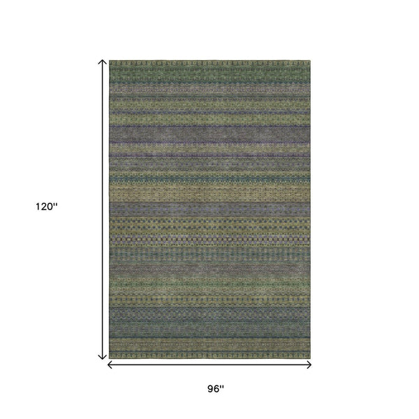HomeRoots 8' X 10' Olive Green & Blue Striped Washable Area Rug - Stain Resistant, UV Protected, Durable Design 647534