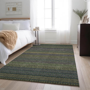 HomeRoots 8' X 10' Olive Green & Blue Striped Washable Area Rug - Stain Resistant, UV Protected, Durable Design 647534