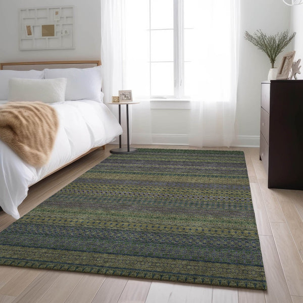 HomeRoots 8' X 10' Olive Green & Blue Striped Washable Area Rug - Stain Resistant, UV Protected, Durable Design 647534