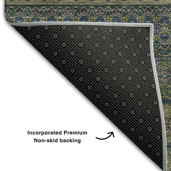 HomeRoots 8' X 10' Olive Green & Blue Striped Washable Area Rug - Stain Resistant, UV Protected, Durable Design 647534