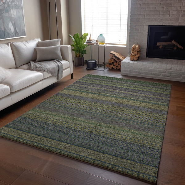 HomeRoots 8' X 10' Olive Green & Blue Striped Washable Area Rug - Stain Resistant, UV Protected, Durable Design 647534