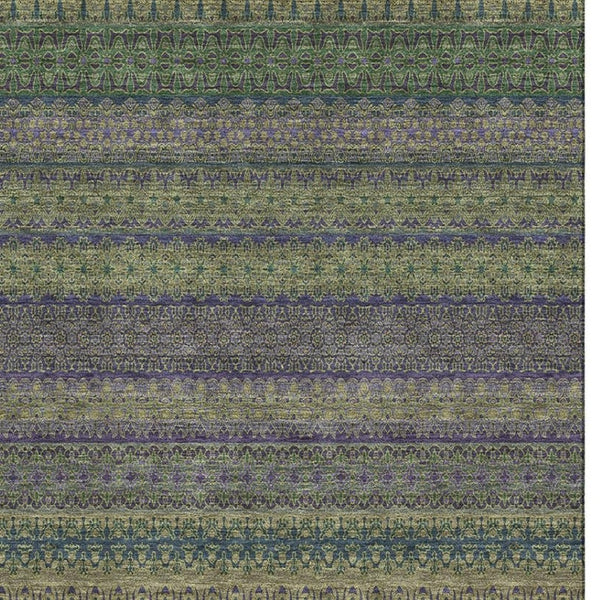 HomeRoots 8' X 10' Olive Green & Blue Striped Washable Area Rug - Stain Resistant, UV Protected, Durable Design 647534
