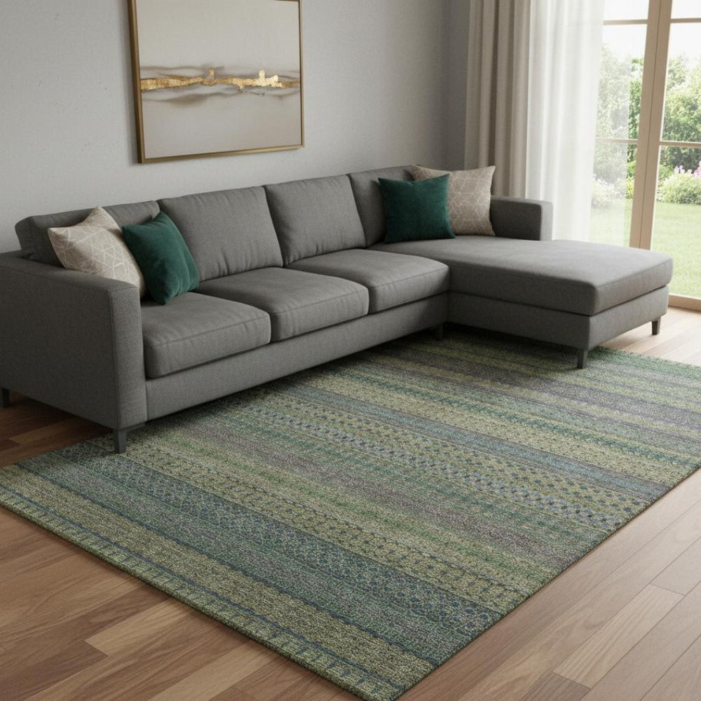 HomeRoots 9' Olive Green and Blue Striped Washable Area Rug – UV Protected, Durable, Stain Resistant, Large Design 647535