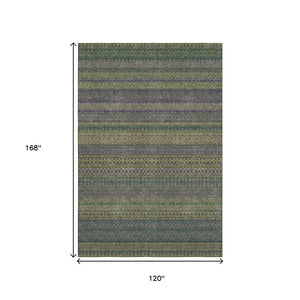HomeRoots 10' Olive Green & Blue Striped Area Rug - Washable, UV-Protected, Durable Design for Indoor & Outdoor Use 647536