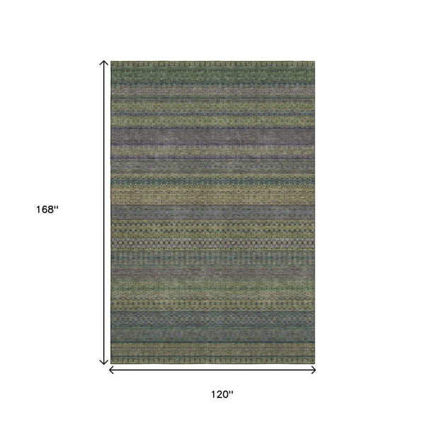 HomeRoots 10' Olive Green & Blue Striped Area Rug - Washable, UV-Protected, Durable Design for Indoor & Outdoor Use 647536