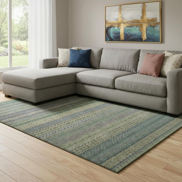 HomeRoots 10' Olive Green & Blue Striped Area Rug - Washable, UV-Protected, Durable Design for Indoor & Outdoor Use 647536