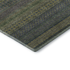HomeRoots 10' Olive Green & Blue Striped Area Rug - Washable, UV-Protected, Durable Design for Indoor & Outdoor Use 647536