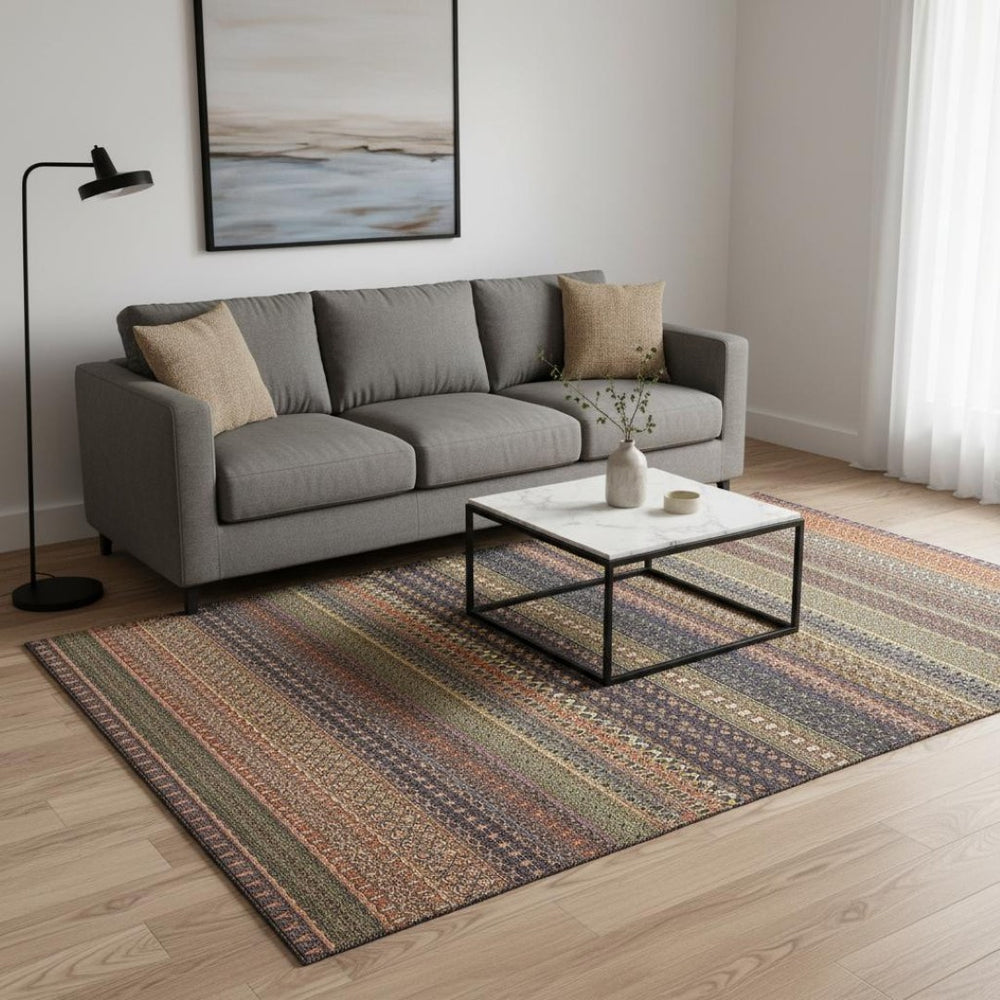 HomeRoots 5' X 8' Striped Area Rug in Rust and Purple - Durable, Washable & UV-Protected for Every Space 647538