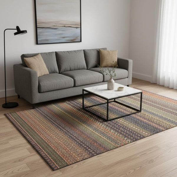 HomeRoots 5' X 8' Striped Area Rug in Rust and Purple - Durable, Washable & UV-Protected for Every Space 647538