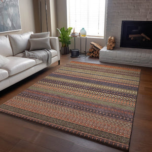 HomeRoots 5' X 8' Striped Area Rug in Rust and Purple - Durable, Washable & UV-Protected for Every Space 647538