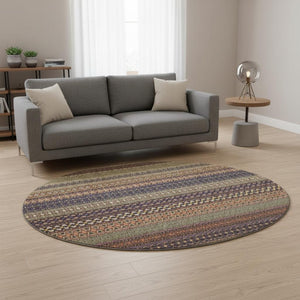 HomeRoots 8' Washable Round Rug in Rust and Purple Stripes - UV Protected, Stain Resistant, Durable & Stylish! 647539