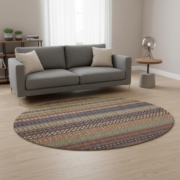 HomeRoots 8' Washable Round Rug in Rust and Purple Stripes - UV Protected, Stain Resistant, Durable & Stylish! 647539