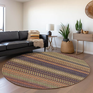 HomeRoots 8' Washable Round Rug in Rust and Purple Stripes - UV Protected, Stain Resistant, Durable & Stylish! 647539