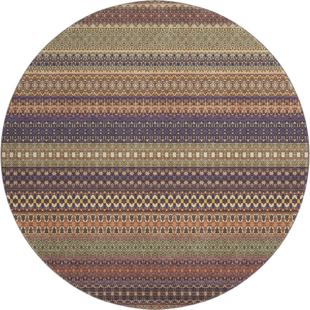 HomeRoots 8' Washable Round Rug in Rust and Purple Stripes - UV Protected, Stain Resistant, Durable & Stylish! 647539
