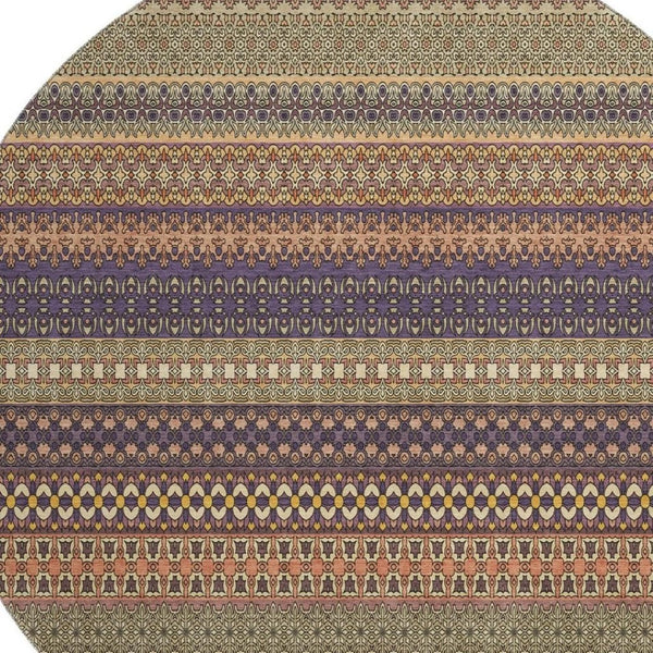 HomeRoots 8' Washable Round Rug in Rust and Purple Stripes - UV Protected, Stain Resistant, Durable & Stylish! 647539