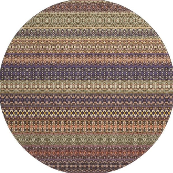 HomeRoots 8' Washable Round Rug in Rust and Purple Stripes - UV Protected, Stain Resistant, Durable & Stylish! 647539