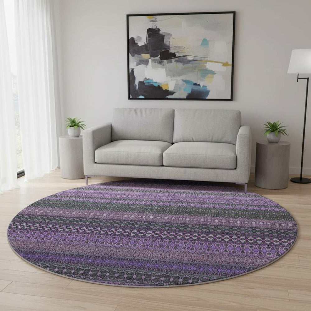 HomeRoots 8' Striped Washable Round Rug in Purple & Ivory – Soft, Durable, UV-Protected for Homes & Patios 647545