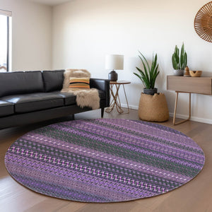 HomeRoots 8' Striped Washable Round Rug in Purple & Ivory – Soft, Durable, UV-Protected for Homes & Patios 647545