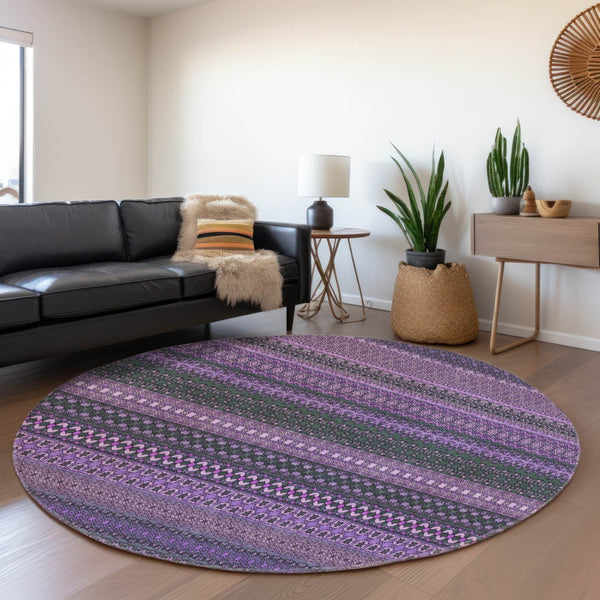 HomeRoots 8' Striped Washable Round Rug in Purple & Ivory – Soft, Durable, UV-Protected for Homes & Patios 647545