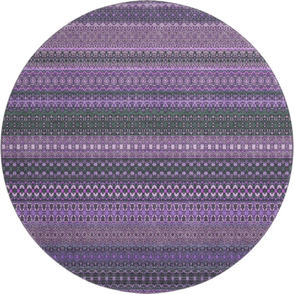 HomeRoots 8' Striped Washable Round Rug in Purple & Ivory – Soft, Durable, UV-Protected for Homes & Patios 647545