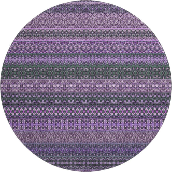 HomeRoots 8' Striped Washable Round Rug in Purple & Ivory – Soft, Durable, UV-Protected for Homes & Patios 647545