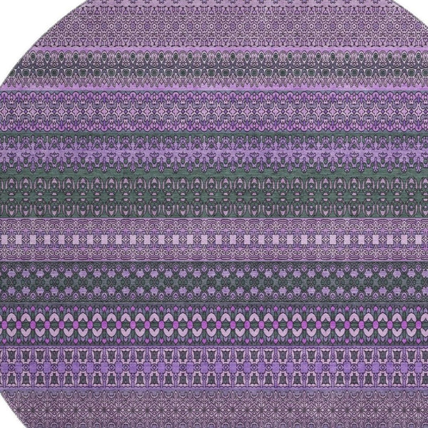 HomeRoots 8' Striped Washable Round Rug in Purple & Ivory – Soft, Durable, UV-Protected for Homes & Patios 647545