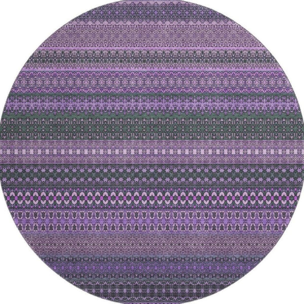 HomeRoots 8' Striped Washable Round Rug in Purple & Ivory – Soft, Durable, UV-Protected for Homes & Patios 647545