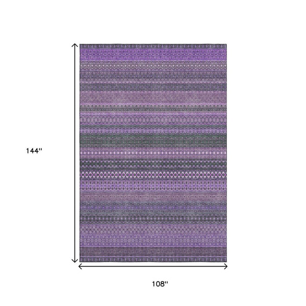 HomeRoots 9' X 12' Stylish Purple and Ivory Striped Washable Area Rug with UV Protection for High-Traffic Areas 647547
