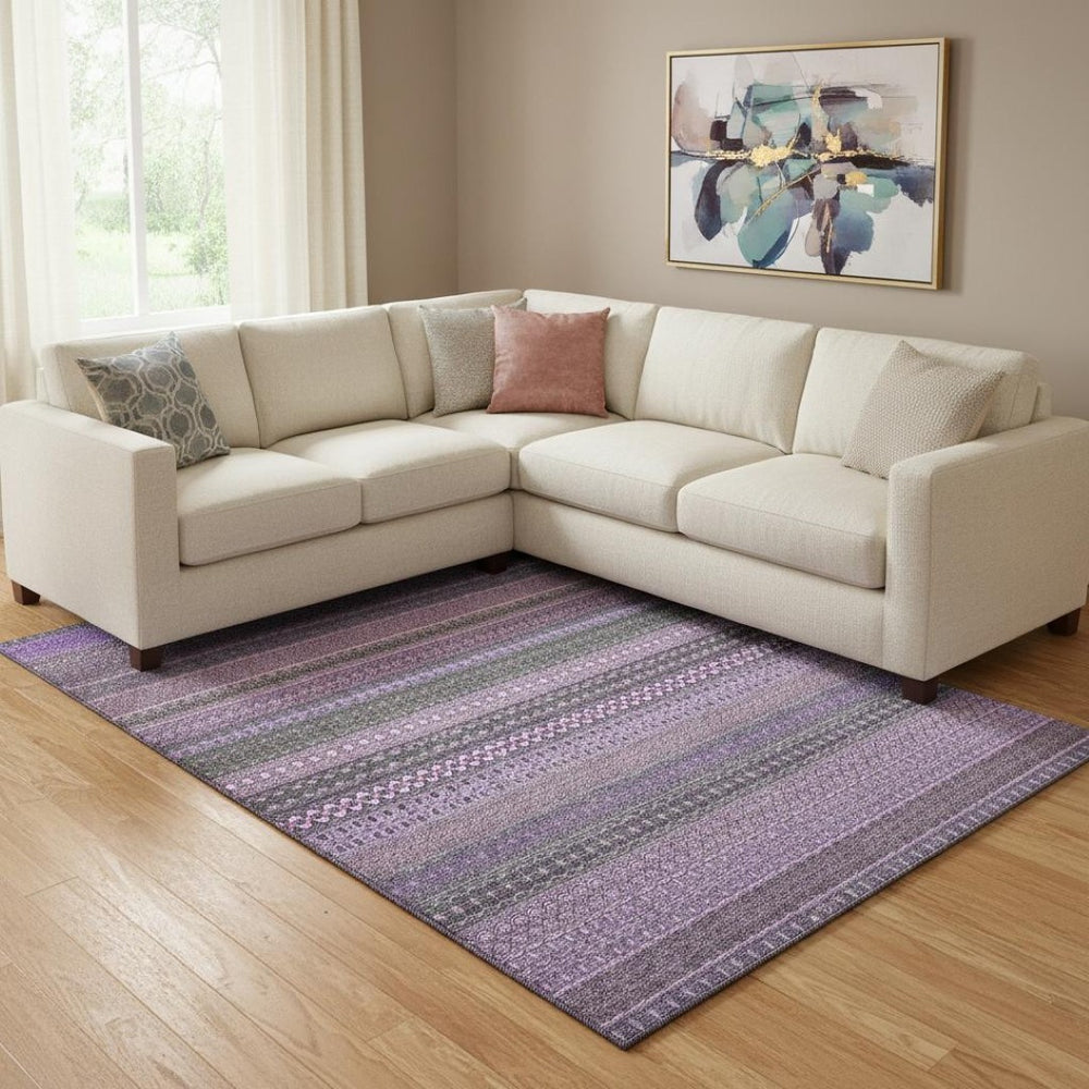 HomeRoots 9' X 12' Stylish Purple and Ivory Striped Washable Area Rug with UV Protection for High-Traffic Areas 647547