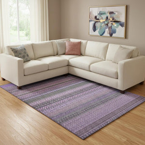 HomeRoots 9' X 12' Stylish Purple and Ivory Striped Washable Area Rug with UV Protection for High-Traffic Areas 647547