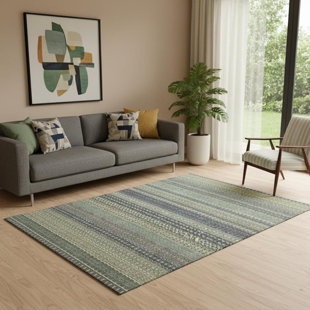 HomeRoots 5' X 8' Sage Gray & Ivory Striped Area Rug - Stylish, Washable, UV-Protected for High-Traffic Spaces 647550