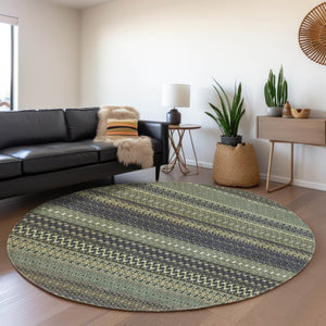 HomeRoots 8' Sage Gray and Ivory Striped Round Rug - Washable, Stain Resistant, UV Protected for Daily Use 647551