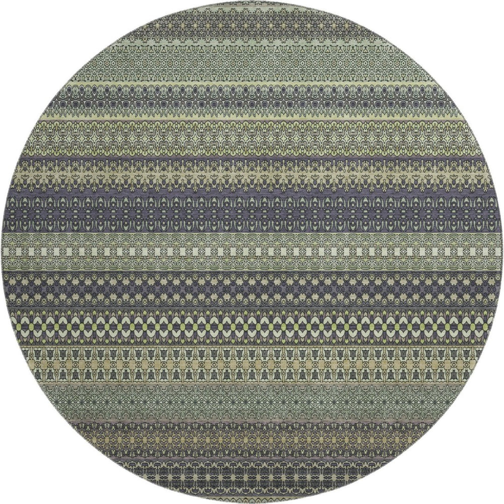 HomeRoots 8' Sage Gray and Ivory Striped Round Rug - Washable, Stain Resistant, UV Protected for Daily Use 647551