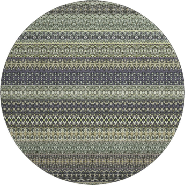 HomeRoots 8' Sage Gray and Ivory Striped Round Rug - Washable, Stain Resistant, UV Protected for Daily Use 647551