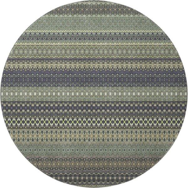 HomeRoots 8' Sage Gray and Ivory Striped Round Rug - Washable, Stain Resistant, UV Protected for Daily Use 647551