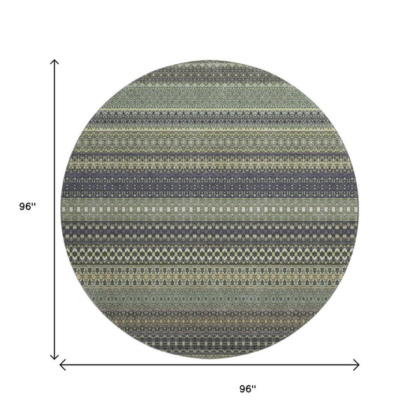 HomeRoots 8' Sage Gray and Ivory Striped Round Rug - Washable, Stain Resistant, UV Protected for Daily Use 647551