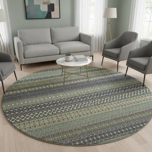 HomeRoots 8' Sage Gray and Ivory Striped Round Rug - Washable, Stain Resistant, UV Protected for Daily Use 647551