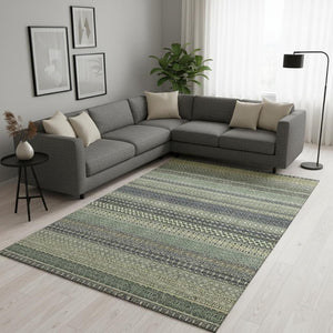 HomeRoots 8' X 10' Sage Gray & Ivory Striped Washable Area Rug – Soft, Durable, UV-Protected for High-Traffic Homes 647552