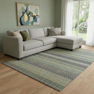HomeRoots 9' X 12' Sage Gray and Ivory Striped Washable Area Rug - Durable, UV-Protected & Stain-Resistant! 647553