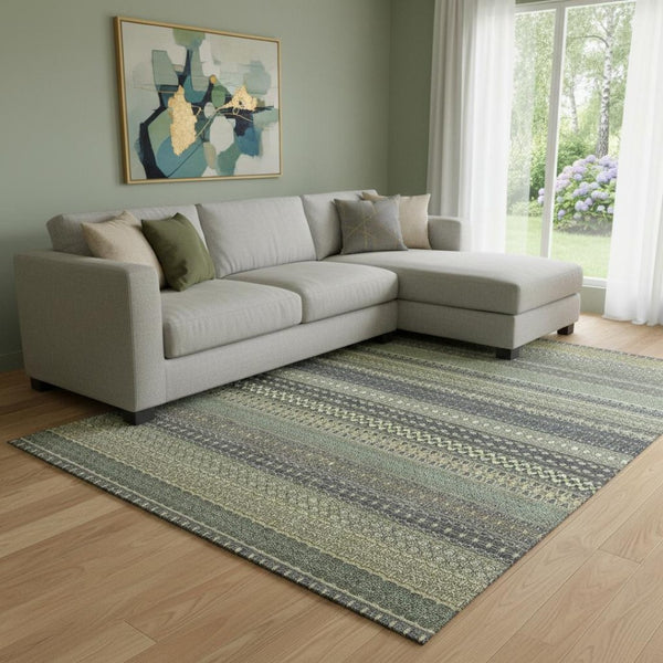 HomeRoots 9' X 12' Sage Gray and Ivory Striped Washable Area Rug - Durable, UV-Protected & Stain-Resistant! 647553