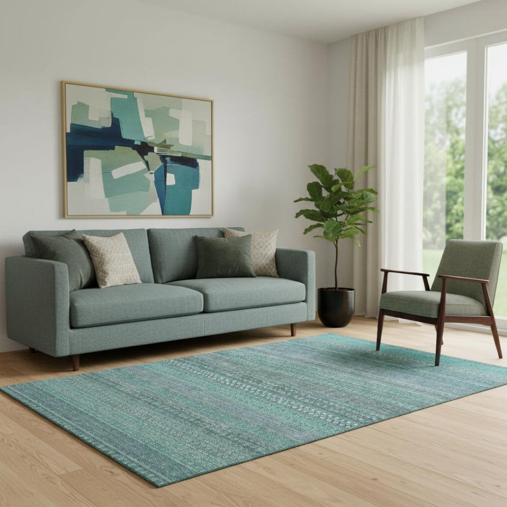 HomeRoots 5' Turquoise & Ivory Striped Washable Area Rug - Durable, UV Protected, Perfect for Kids & Pets! 647556