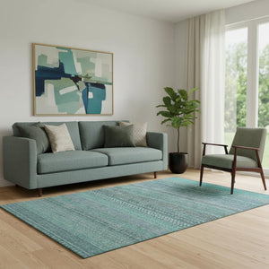 HomeRoots 5' Turquoise & Ivory Striped Washable Area Rug - Durable, UV Protected, Perfect for Kids & Pets! 647556