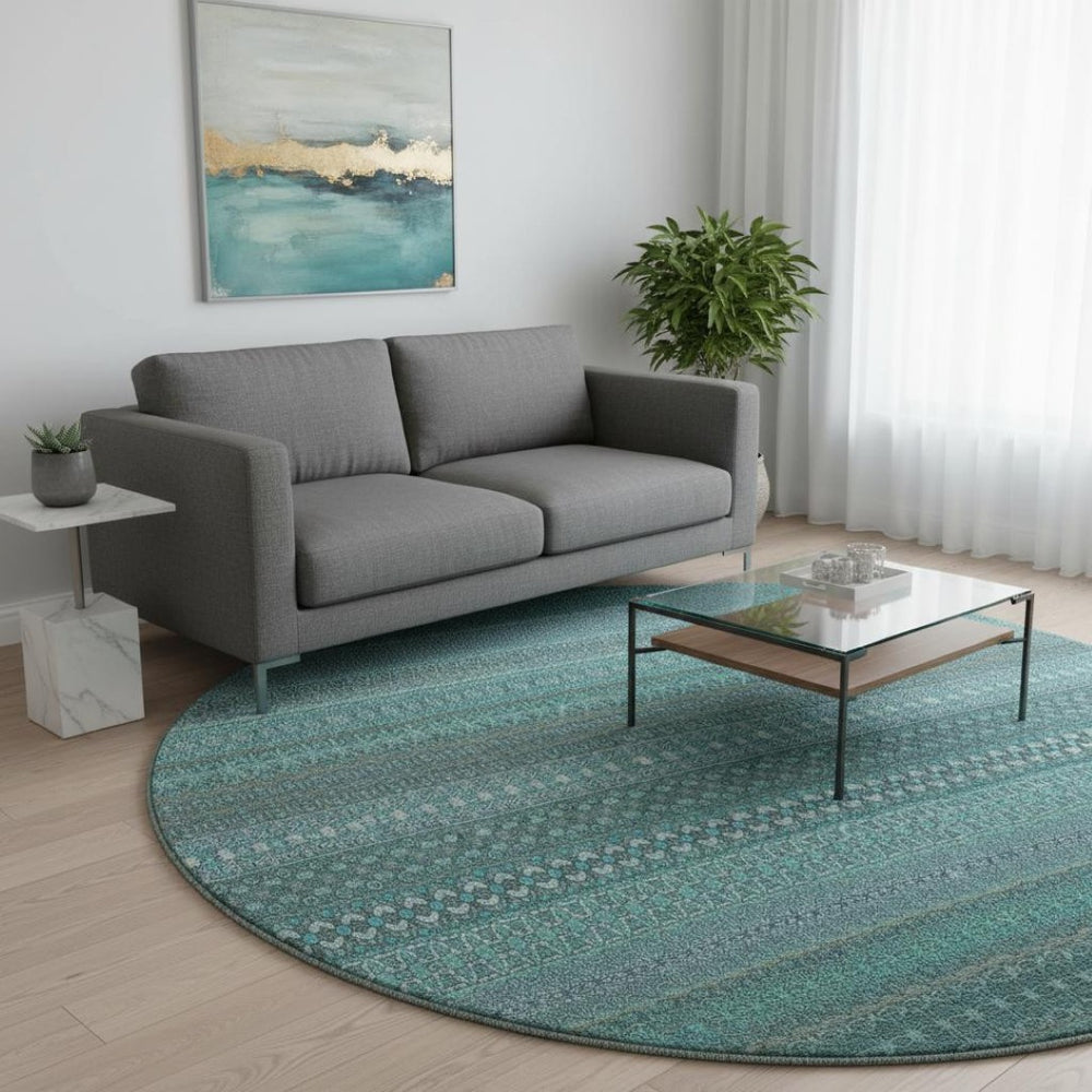 HomeRoots 8' Turquoise & Ivory Striped Washable Round Rug - Durable, UV-Protected, Perfect for Any Space! 647557
