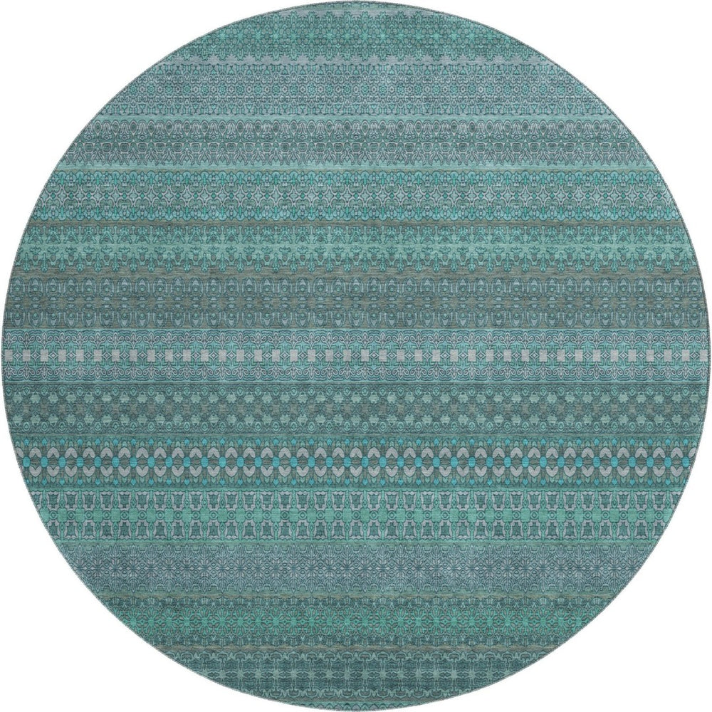 HomeRoots 8' Turquoise & Ivory Striped Washable Round Rug - Durable, UV-Protected, Perfect for Any Space! 647557