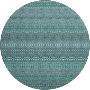 HomeRoots 8' Turquoise & Ivory Striped Washable Round Rug - Durable, UV-Protected, Perfect for Any Space! 647557