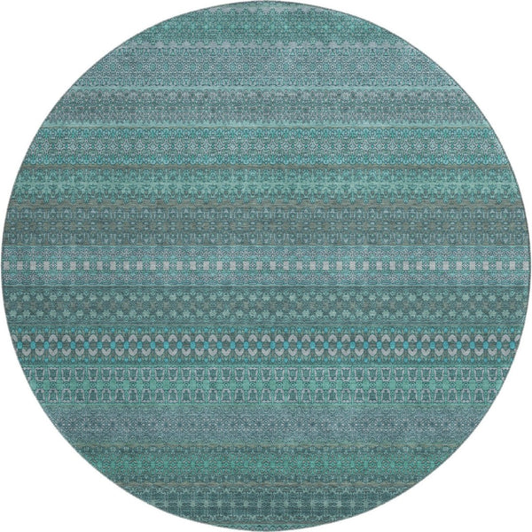 HomeRoots 8' Turquoise & Ivory Striped Washable Round Rug - Durable, UV-Protected, Perfect for Any Space! 647557