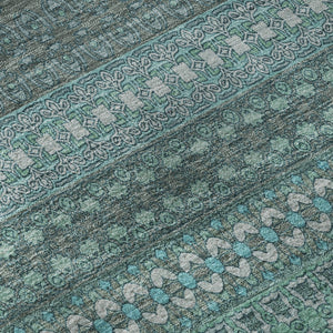 HomeRoots 8' Turquoise & Ivory Striped Washable Round Rug - Durable, UV-Protected, Perfect for Any Space! 647557