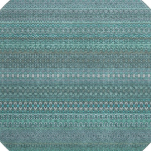 HomeRoots 8' Turquoise & Ivory Striped Washable Round Rug - Durable, UV-Protected, Perfect for Any Space! 647557