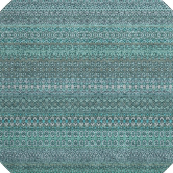 HomeRoots 8' Turquoise & Ivory Striped Washable Round Rug - Durable, UV-Protected, Perfect for Any Space! 647557